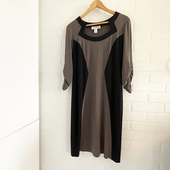 Joseph Ribkoff Bodycon dress Taupe brown Black ruched 3/4 sleeve Sz 10 - Picture 1 of 7